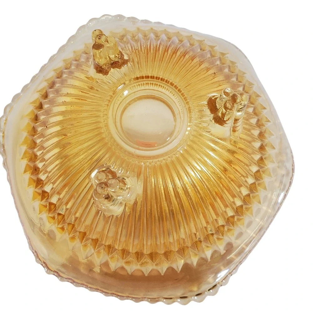 Indiana Glass Marigold Carnival Glass Footed Bowl Amber‎ Iridescent Sawtooth Rim